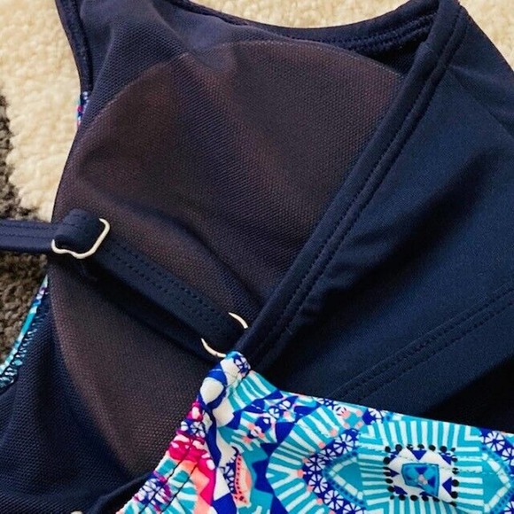 NWT Athleta $84 32D/DD Fiji Blousy Blue Pink Print Padded UPF 50+ Tankini Top - Picture 8 of 14